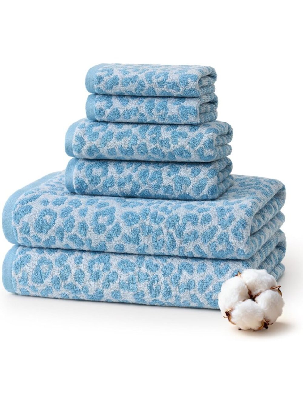 Leopard Print 100% Cotton Towel Set of 6 - Quick Dry, Absorbent Bath Towels